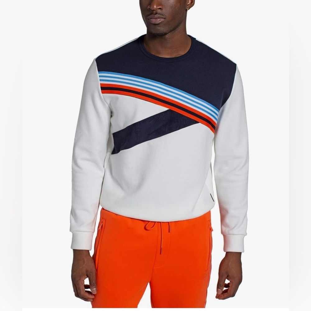 Sean John White and Navy Crewneck Sweater with Stripes